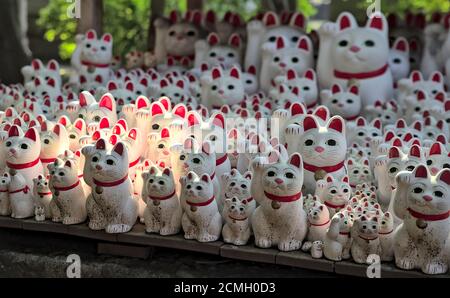 Vista illuminata dal sole di molte statuine giapponesi maneki-neko 'beckoning Cat', al Tempio Gotokuji a Tokyo Foto Stock