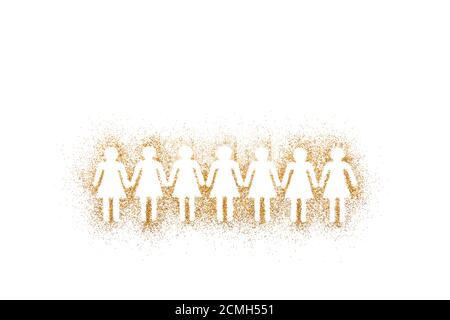 Gruppo di donne che si levano in piedi insieme e che tengono le mani sull'oro glitter su sfondo bianco Foto Stock