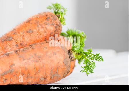 Tre giovani carote fresche con una cima su un tavolo di legno. Foto Stock