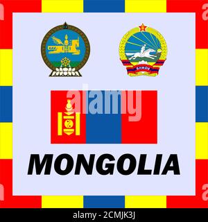 Gazzetta alfieri, bandiera e rivestire del braccio della Mongolia Foto Stock