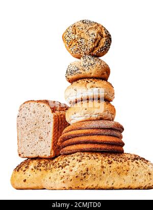 Panini, pane e pita in un ambiente studio isolato su bianco. Foto Stock