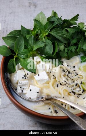 Una zuppa di riso con le tagliatelle e tofu insaporito con limone erba (basilico), il coriandolo, sesamo. Foto Stock