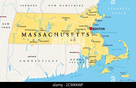 Massachusetts, mappa politica con la capitale Boston. Commonwealth del Massachusetts, Massachusetts. Stato più popoloso della regione del New England degli Stati Uniti. Foto Stock