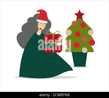 Illustrazione del carattere della donna o della signora Claus che lascia un regalo sull'albero di Natale. Isolato sullo sfondo Foto Stock