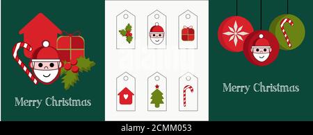 Illustrazione di un set di due carte e di diverse etichette per i regali. Grafica rossa e verde con Babbo Natale, palle, candele, albero e Natale agrifoglio. Foto Stock
