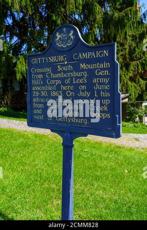 Cashtown, Pennsylvania, USA - 6 settembre 2020: Il marcatore storico della campagna di Gettysburg si trova vicino al Cashtown Inn, a circa 8 miglia ad ovest di Gettysburg. Foto Stock