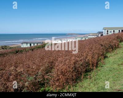 Un parco di roulotte statico, o casa mobile a Hillend a Rhossili Beach sulla penisola di Gower Galles UK Foto Stock