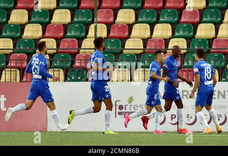 Vilnius, Lituania. 17 Settembre 2020. KAMSO MARA di Liberec, 2° a destra celebra un gol durante i qualificatori della UEFA Europa League, 2° turno di qualificazione, tra FK Riteriai e Slovan Liberec a Vilnius, lituana, 17 settembre 2020. Credit: Radek Petrasek/CTK Photo/Alamy Live News Foto Stock