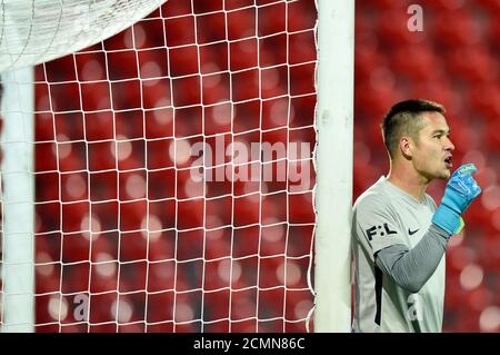 Vilnius, Lituania. 17 Settembre 2020. Da sinistra FILIP NGUYEN, goalie di Liberec in azione durante i qualificatori della UEFA Europa League, 2° turno di qualificazione, tra FK Riteriai e Slovan Liberec a Vilnius, lituana, 17 settembre 2020. Credit: Radek Petrasek/CTK Photo/Alamy Live News Foto Stock