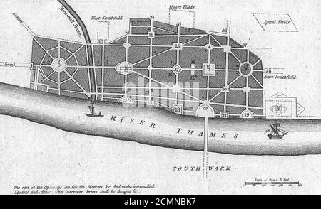 Il piano di John Evelyn per la ricostruzione di Londra dopo il Grande incendio. Foto Stock