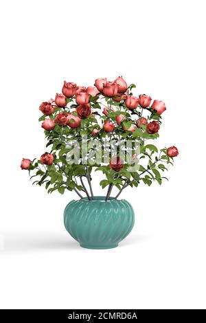 Bouquet di rose rosse in un vaso rotondo di vetro verde Isolato su uno sfondo bianco - rendering 3D Foto Stock