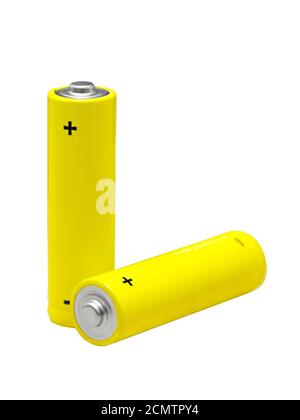 Due batterie AA gialle isolate su sfondo bianco Foto Stock