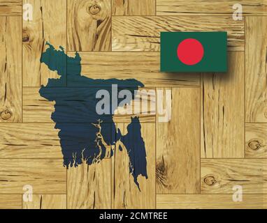 Mappa e bandiera del Bangladesh, Countrie in Asia, su sfondo ligneo, illustrazione 3D Foto Stock