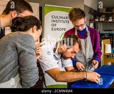 Come si raccorda una trota? Laszlo Papdi spiega la tecnica di taglio in cucina durante un corso presso l'Istituto culinario di Budapest, Ungheria Foto Stock