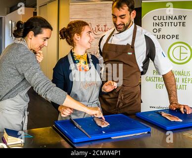 Come si raccorda una trota? Laszlo Papdi spiega la tecnica di taglio in cucina durante un corso presso l'Istituto culinario di Budapest, Ungheria Foto Stock