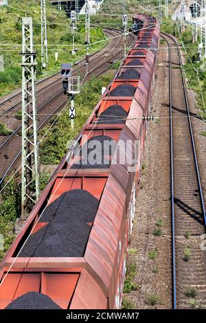 il lungo treno a carbone passa sotto un ponte a colonia Foto Stock