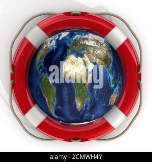 Globo in lifebuoy. Il pianeta Terra è in una vita su una superficie bianca. Illustrazione 3D Foto Stock