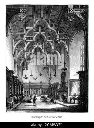 Vintage, English Victorian Engraving, Burleigh Hall, The Great Hall, Leicestershire, Inghilterra, 1875 Foto Stock