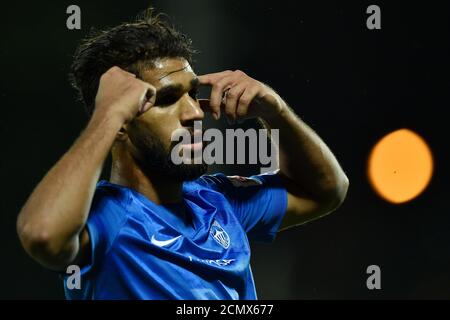 Vilnius, Lituania. 17 Settembre 2020. JUSUF HILAL di Liberec festeggia un gol durante i qualificatori della UEFA Europa League, 2° turno di qualificazione, tra FK Riteriai e Slovan Liberec a Vilnius, lituana, 17 settembre 2020. Credit: Radek Petrasek/CTK Photo/Alamy Live News Foto Stock