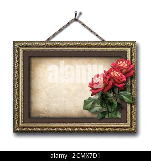 Vintage picture frame e un mazzo di rose rosse Foto Stock