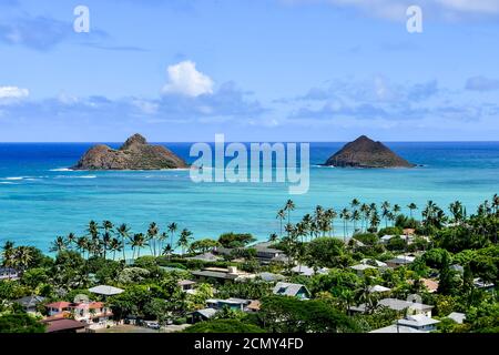 L'oceano azzurro e due piccole isole. Palme sul lato spiaggia e le case. Bellissimo paesaggio di Oahu, Hawaii. Foto Stock
