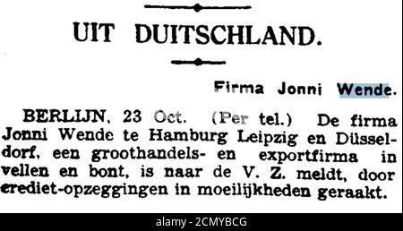 Jonni Wende Nieuwe Amsterdam Courant Algemeen Handelsblad 24. Ottobre 1930. Foto Stock