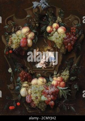 Joris van Son - Cartouche ornamentale con ghirlande di frutta e figure. Foto Stock