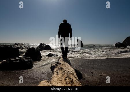 Persona che cammina sul grande tronco di driftwood verso le onde al bordo di spiaggia Foto Stock