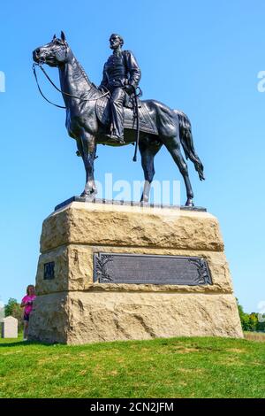 Gettysburg, PA, USA - 6 settembre 2020: Il General George Meade Memorial raffigura il comandante dell'Unione seduto sul suo cavallo, Old Baldy, nel Gettysbu Foto Stock