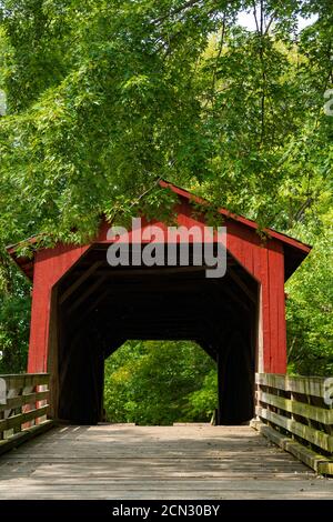 Il Ponte coperto di Sugar Creek in una bella mattina di settembre. Chatham, Illinois, Stati Uniti Foto Stock