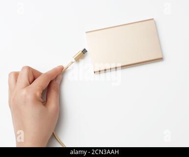 tenere una batteria portatile e un cavo dorato su sfondo bianco Foto Stock