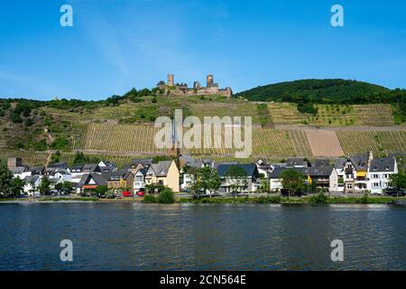 Con la bicicletta sulla pista ciclabile attraverso la campagna Lungo il fiume Mosella in Renania-Palatinato da Treviri a Coblenza poll Foto Stock
