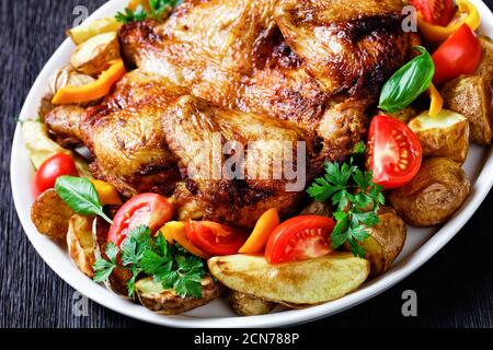 pollo arrosto servito su un piatto bianco con patate arrostite, pomodori freschi, peperoni ed erbe su un rustico tavolo di legno, primo piano Foto Stock