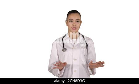Consulente terapista femminile su sfondo bianco. Foto Stock