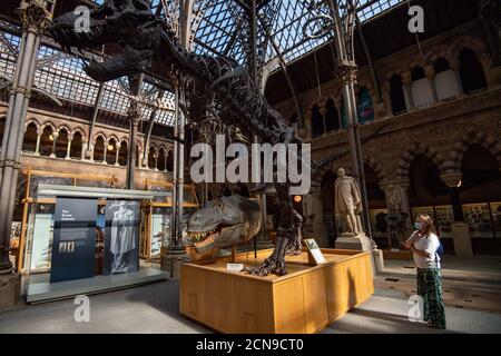 I visitatori che indossano i DPI osservano le collezioni di paleontologia presso l'Oxford University Museum of Natural History, durante il giorno di apertura dell'anteprima. I visitatori saranno accolti nuovamente dopo la chiusura del museo a causa della pandemia del coronavirus. Foto Stock