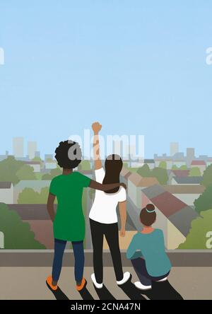 Le vite nere contano gli amici che gesturano sul tetto della città Foto Stock