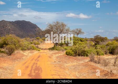 Strada in Kenya, Savannah con le montagne e il cielo blu e alcune nuvole Foto Stock