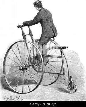 . Scientific American Volume 64 numero 08 (Febbraio 1891) . le barre everse, mentre l'altra estremità porta una ruota orientabile.le barre che si estendono posteriormente del telaio sono portanti cuscinetti per un albero motore sul quale è calettato un pignone, una catena dalla quale si impegna un piccolo pignone sull'assale principale. Appena all'esterno delle barre verticali del telaio principale, due barre di leva verticali sono fulcrate sull'assale, un manipolo essendo fissato alle estremità superiori con colletto delle barre di leva, mentre un'asta tende all'indietro dalle loro estremità inferiori ad una barra di leva girevole, da cui una biella estende i perni di traino Foto Stock