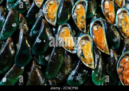 Un primo piano di cozze verdi asiatiche su ghiaccio, cozze fresche e crude dimezzate sono in vendita presso un mercato locale. Vista dall'alto. Disposizione piatta. Messa a fuoco selettiva. Foto Stock