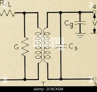 . La rivista tecnica Bell System . CONDENSATORE DI BLOCCO AD ALTA TENSIONE C1-CR CAPACITÀ CATODO GRIGLIA C3 - CAPACITANCEZC HIGH SIDE -IMPEDANCER CAVO, -RESISTENZA DI C, R,L^R3T^ L31 LM - MUTUAL GM - CONDUTTANZA DI RECIPROCO G-HIGH SIDE CONDUCTANCEL3 -LEAKAGE BUILD-OUTT - TRASFORMATORE IDEALE R: -RESISTENZA DI DISPERSIONE --LEAKAGE (LOW SIDE) MAPENGETS A BASSA FREQUENZA FIG. Circuito elettrico della rete di accoppiamento. IL DESIGN FLESSIBILE DEL RIPETITORE 75 costruisce l'induttanza di dispersione del trasformatore e insieme con il condensatore cs controlla la sagomatura all'estremità superiore della banda. Questi elementi vengono regolati Foto Stock