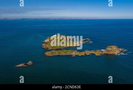 Vista aerea, isola di Fidra nel Firth of Forth, East Lothian, Scozia Foto Stock