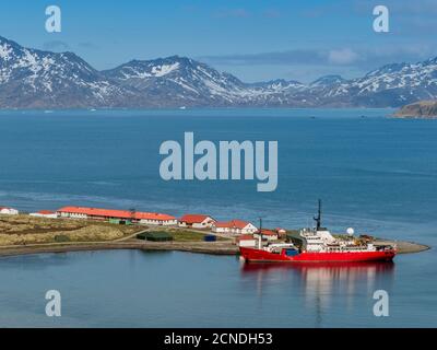 British Antartic Survey ship at King Edward Point in East Cumberland Bay, South Georgia, Polar Regions Foto Stock