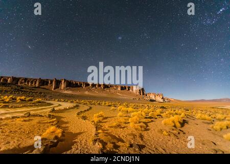 Notte stellata al Salar de Tara y Aguas Calientes i, Los Flamencos National Reserve, Antofagasta Regione, Cile Foto Stock