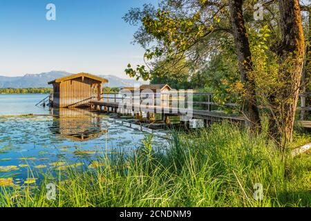 Case in barca su un molo, Lago Chiemsee, alta Baviera, Germania, Europa Foto Stock