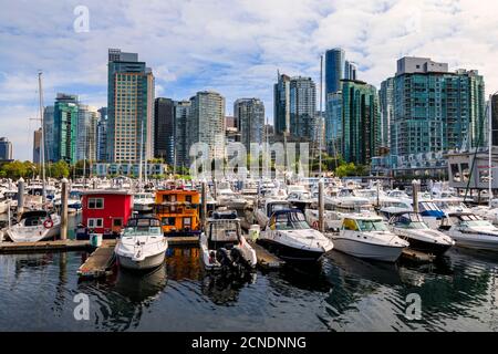 Marina a Coal Harbour, con imbarcazioni da diporto e barche da casa, skyline della città, Vancouver, British Columbia, Canada Foto Stock