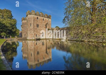 Lo storico palazzo vescovile e fossato, la Cattedrale di Wells, a Wells, Somerset, Inghilterra, Regno Unito, Europa Foto Stock