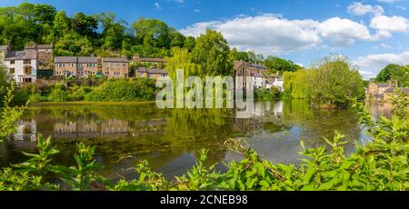 Vista di riflessioni in Cromford stagno, Cromford, Derbyshire Dales, Derbyshire, Inghilterra, Regno Unito, Europa Foto Stock