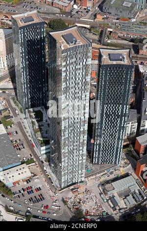 Vista aerea dello sviluppo di Deansgate Square (grattacieli di Owen Street) Nel centro di Manchester Foto Stock