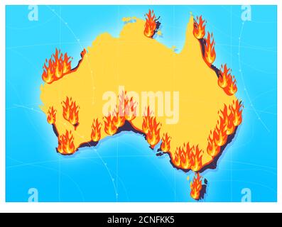 Illustrazione di Bushfires in Australia Map. Foto Stock