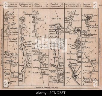 Mappa della strada di Bagshot-Farnham-Alton-Southampton-Salisbury. BOWLES 1782 Foto Stock